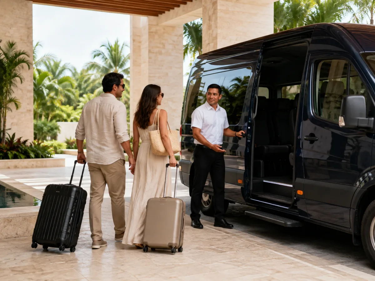 Travelers boarding a private van at a covered hotel entrance